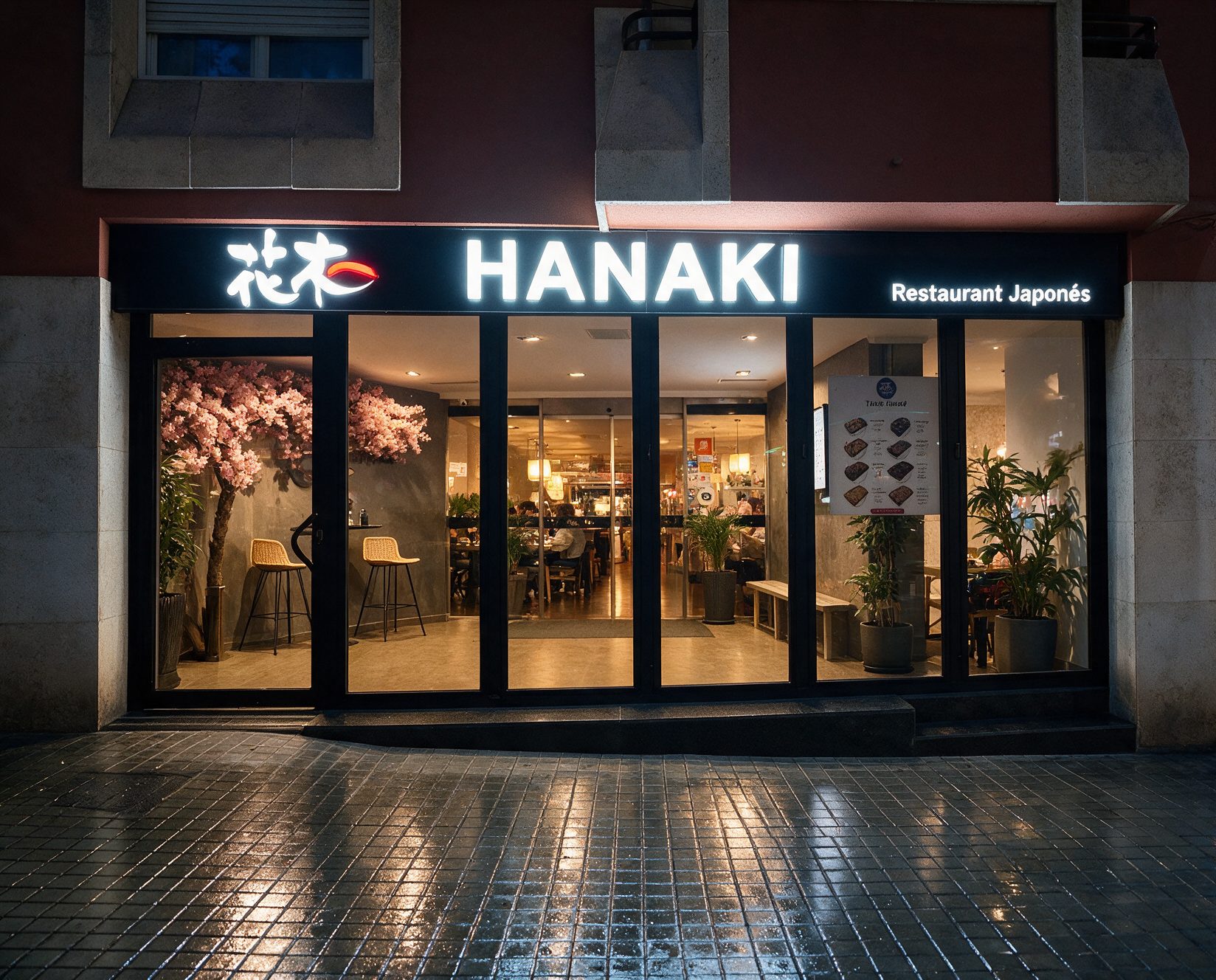 Fachada de Hanaki Barcelona de noche, con el cerezo tras el escaparate