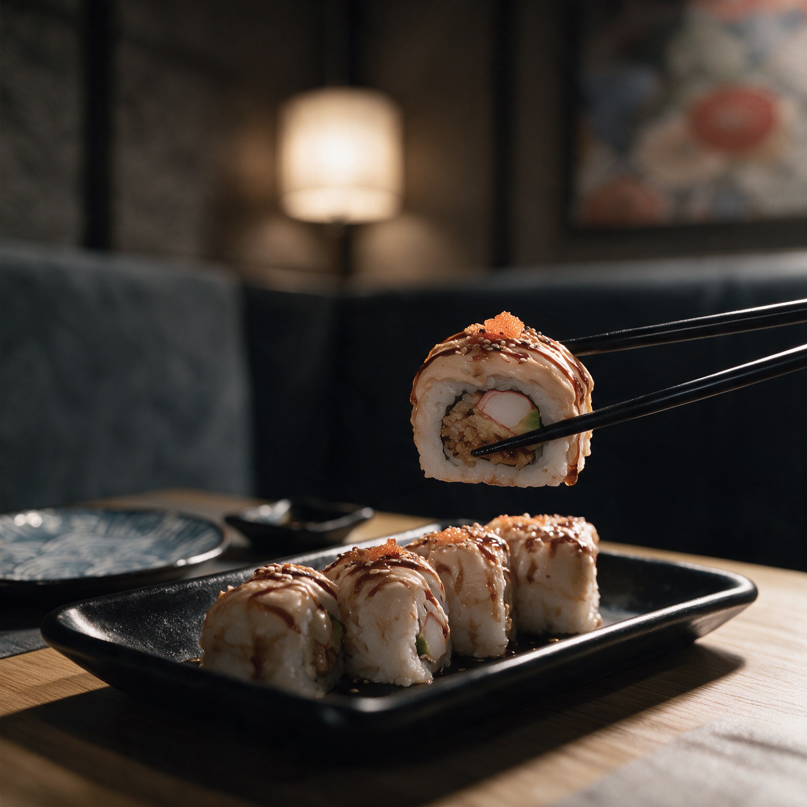 Uramaki flambeado recién hecho, sujeto con palillos